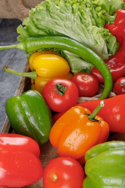 Bunte paprika mit viel grün. draufsicht. | Kostenlose Foto