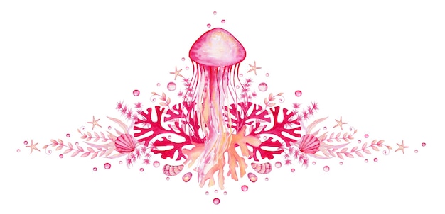 Clipart Von Meeresquallen Muscheln Korallen Seesternen Und Algen Aquarell Clipart Auf Einem Isolierten Hintergrund Fur Einladungen Und Postkarten Premium Foto