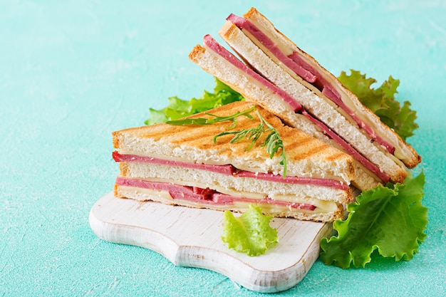 Club sandwich - panini mit schinken und käse. picknick essen ...