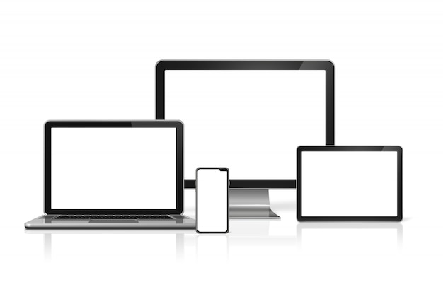 Computer und telefon stellen das modell ein, das auf weißem hintergrund mit leeren bildschirmen lokalisiert wird. 3d render Premium Fotos