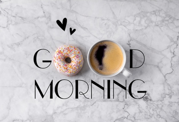 Donut Tasse Kaffee Und Herzen Guten Morgen Gruss Geschrieben Am Marmor Grau Premium Foto