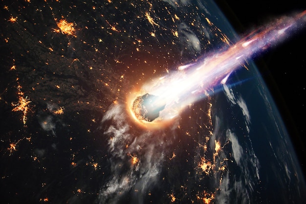 Ein komet, ein asteroid, ein meteorit glüht in die erdatmosphäre. angriff des meteoriten. meteorregen. Premium Fotos