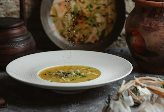 Ein weißer teller voller suppe mit fleischstücken im inneren ...