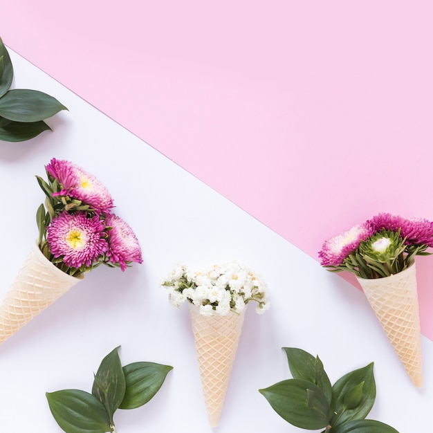 Erhöhte ansicht von frischen blumen in der waffeleiskegel auf doppelhintergrund Kostenlose Fotos