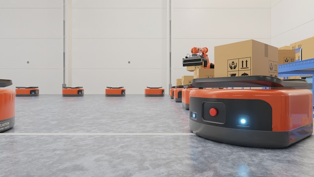Fabrikautomation mit ftf und roboterarm im transport, um den transport sicherer zu gestalten. Premium Fotos