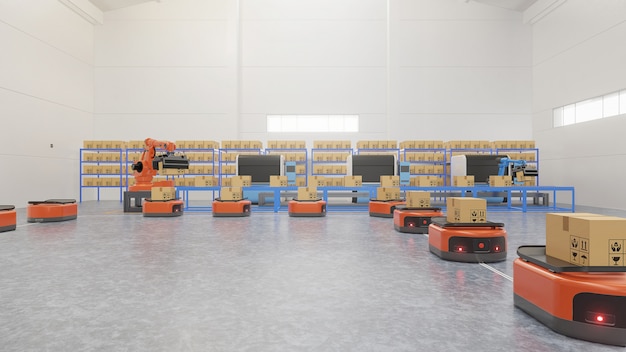 Fabrikautomation mit ftf und roboterarm im transport, um den transport sicherer zu gestalten. Premium Fotos