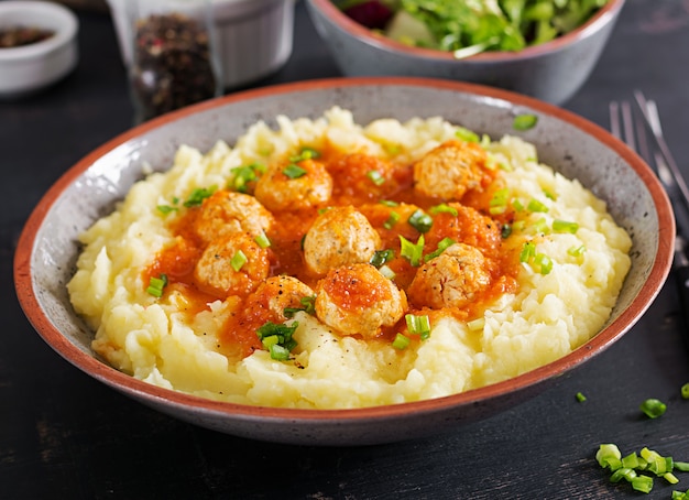 Fleischklöschen in der tomatensauce mit kartoffelpürees in der schüssel ...