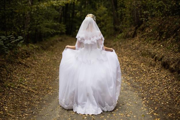 Foto Der Braut Von Der Ruckseite Hochzeitskleid Auf Einem Madchen Die Braut Im Wald Die Prinzessin Im Wald Hochzeitskleid Von Der Ruckseite Auf Frau Randkleid Schleier Hochzeitsfotoaufnahme Frisur Premium Foto