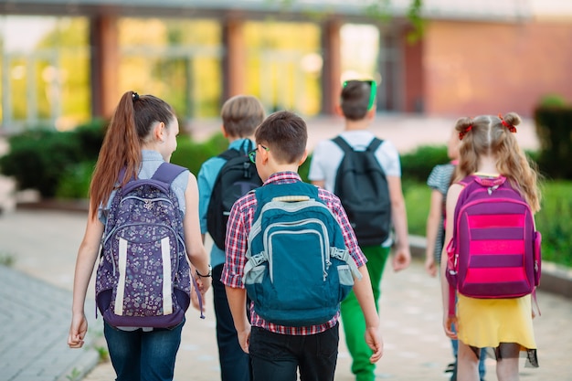 Gruppe Kinder Die Zusammen Zur Schule Gehen Premium Foto