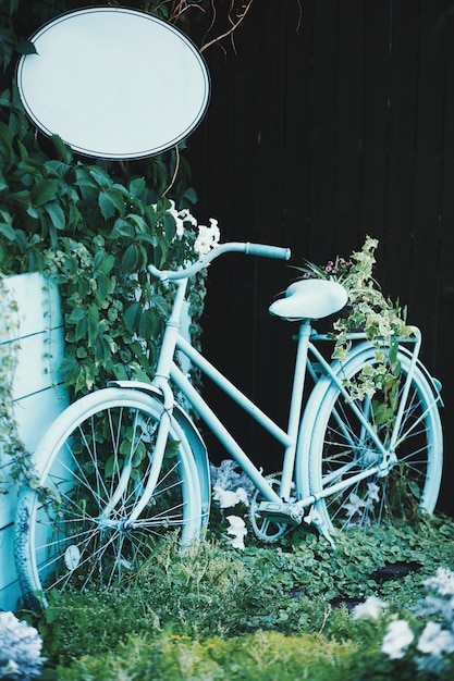 Hellblaues fahrrad in der nähe von grünen pflanzen