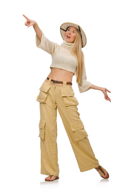 Hübsche frau in der beige hose lokalisiert auf weiß Premium Fotos