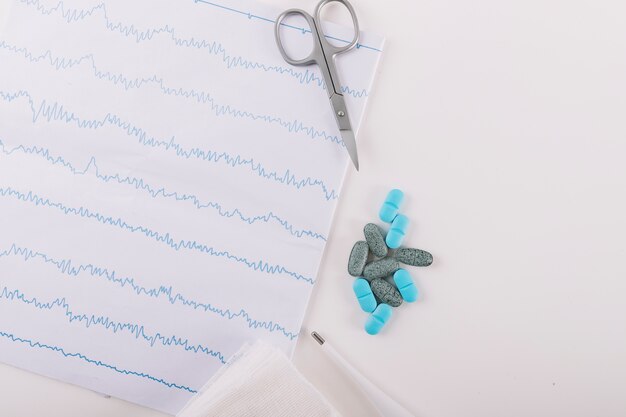 Kardiogramm; thermometer; schere; verband und pillen auf weißem hintergrund Kostenlose Fotos