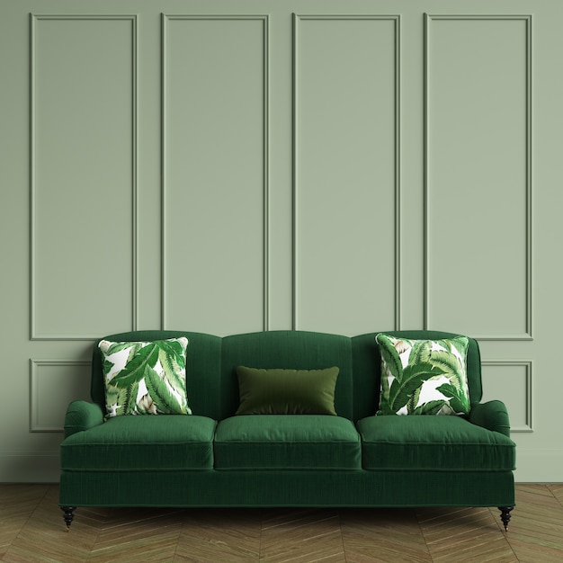 Klassisches Grunes Sofa Kissen Mit Tropischem Blattdruck Der Im Klassischen Innenraum Steht Olive Farbe Wande Mit Leisten Boden Parkett Eiche Herringbone 3d Rendering Premium Foto