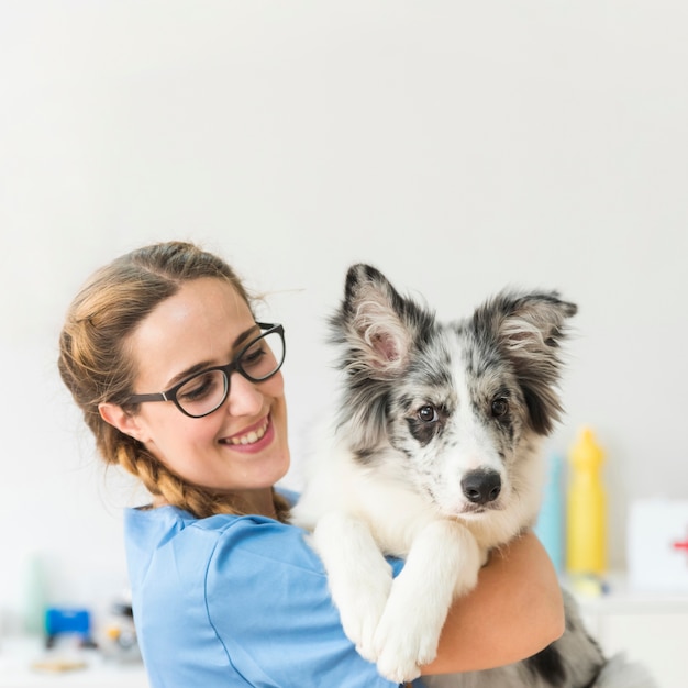 Lächelnder junger weiblicher tierarzt mit hund in der klinik Download