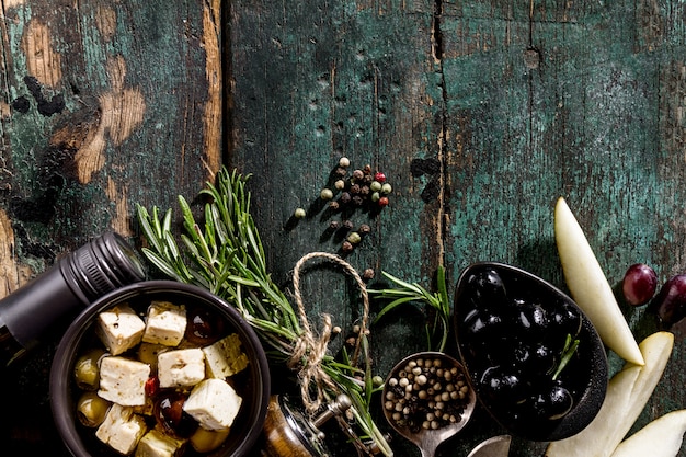 Leckere Italienische Griechische Mediterrane Lebensmittel Zutaten Draufsicht Auf Grune Alte Rustikale Tabelle Oben Kostenlose Foto
