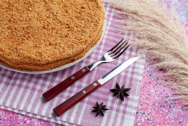 Leckerer Runder Kuchen Der Halben Draufsicht Innerhalb Des Tellers Mit Besteck Auf Dem Sussen Kuchen Des Hellen Rosa Schreibtischkuchen Keks Kuchens Kostenlose Foto