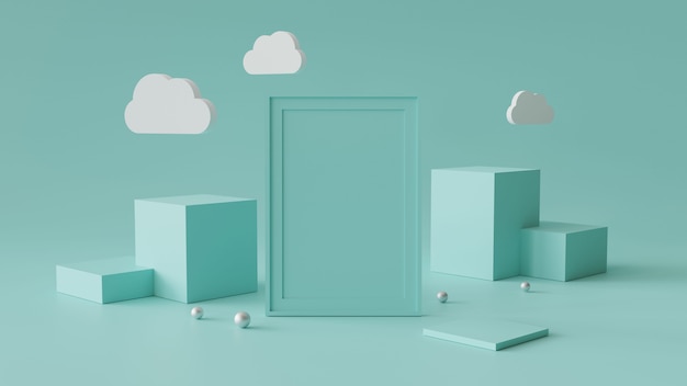 Leerer bilderrahmen mit zylinderpodium. abstrakter geometrischer hintergrund für anzeige oder modell. 3d-rendering. Premium Fotos