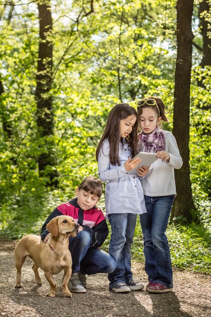 Mädchen im park mit einem hund PremiumFoto