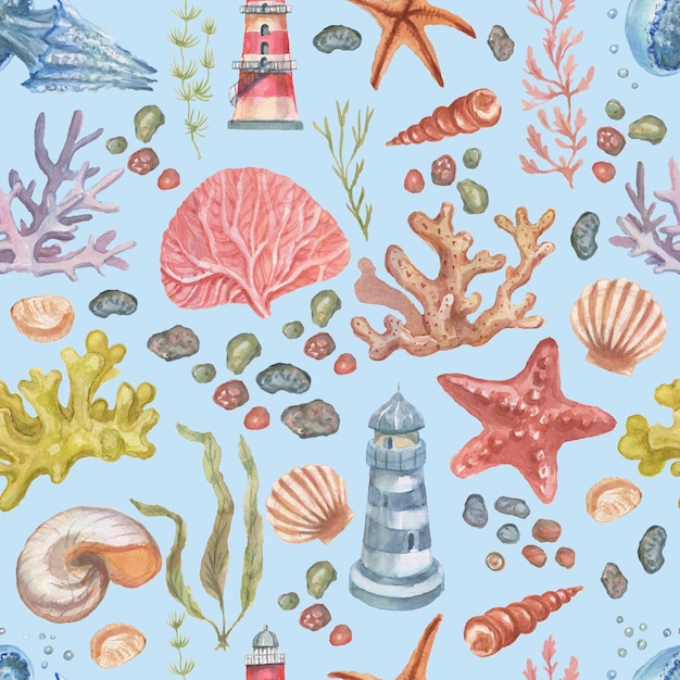 Meer Set Sammlung Clipart Reise Leuchtturm Quallen Seestern Korallen Muscheln Strand Aquarell Premium Foto