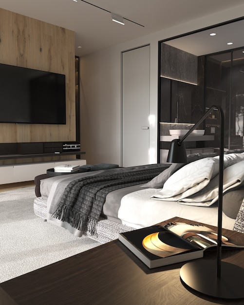 Minimalismus modernes interieur schlafzimmer mit kleiderschrank, tv