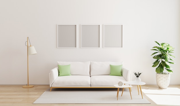 Mock Up Drei Poster Rahmen Im Modernen Interieur Skandinavischer Stil Helles Und Gemutliches Wohnzimmer Wohnzimmer Mit Weisser Wand Und Sofa Mit Kontrastkissen 3d Rendern Premium Foto