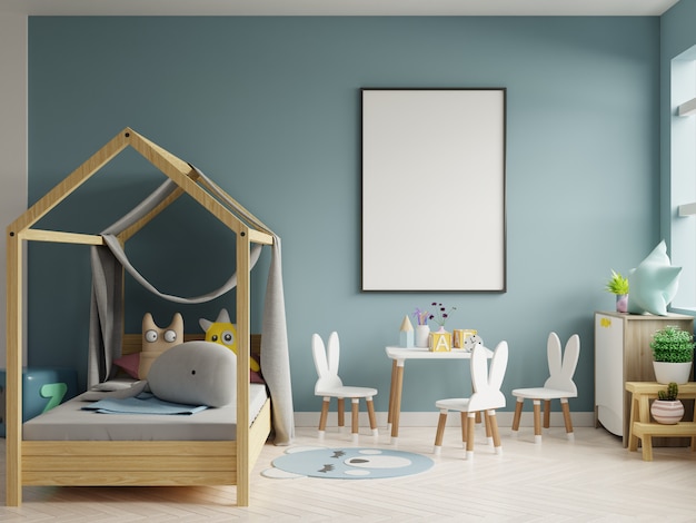 Mock Up Plakatrahmen Im Kinderzimmer Kinderzimmer Kinderzimmer Modell Blaue Wand Premium Foto