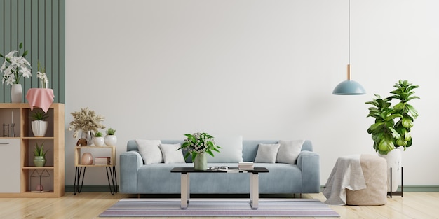 Modernes Wohnzimmer Interieur Mit Sofalampe Und Grunen Pflanzen Auf Weissem Wandhintergrund Minimalen Designs 3d Rendering Premium Foto