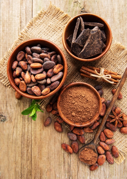 Natürliches kakaopulver, schokolade und kakaobohnen | Premium-Foto