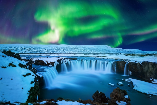 Nordlicht Aurora Borealis Am Godafoss Wasserfall Im Winter Island