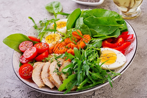 Platte Mit Einem Ketodiatfutter Kirschtomaten Huhnerbrust Eier Karotten Salat Mit Rucola Und Spinat Keto Mittagessen Kostenlose Foto