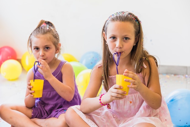 Porträt von zwei netten schwestern, die zu hause saft mit stroh trinken Kostenlose Fotos