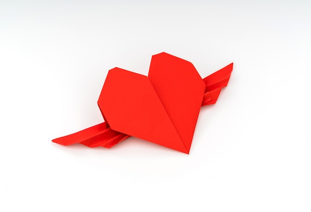 Red Papier Origami Herz Mit Flügeln Auf Weißem Hintergrund