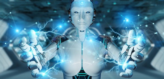 Roboter der weißen frau, der wiedergabe der digitalen network connection 3d verwendet Premium Fotos