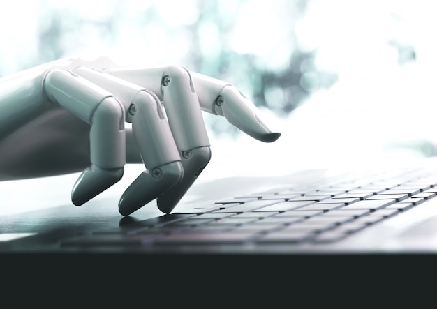 Roboterkonzept oder roboterhandchatbot, der computertastatur drückt, kommen herein Premium Fotos