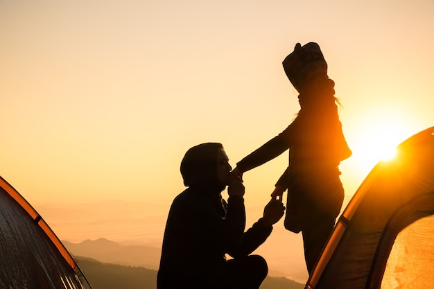 Romantische Paare Des Schattenbildes In Der Liebe Im Mann Und In Den Frauen Halten Hande In Der Natur Premium Foto