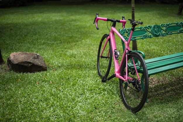 Rosa fahrrad, das auf parkbank sich lehnt Kostenlose Foto