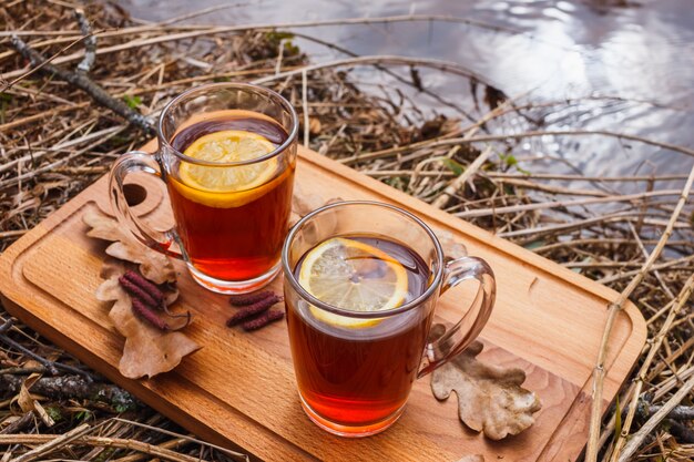 Roter tee mit zitrone in den glasbechern auf der natur. | Premium-Foto