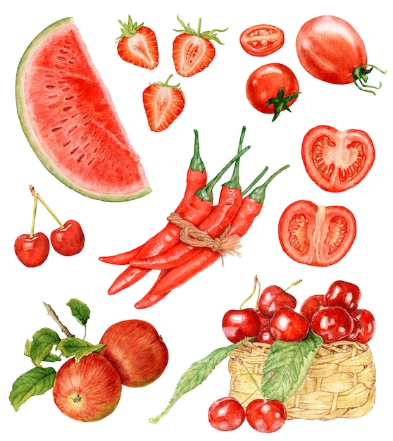 Rotes Obst Und Gemuse Des Aquarells Lokalisiert Premium Foto