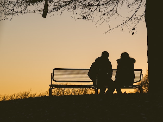 Schattenbild Von Zwei Personen Die Auf Einer Bank Unter Einem Baum Wahrend Eines Sonnenuntergangs Sitzen Kostenlose Foto