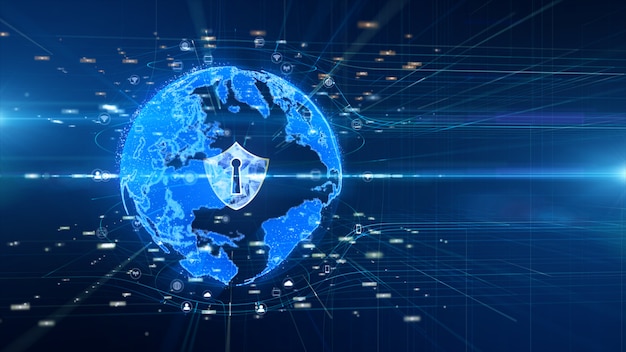 Schildikone auf sicherem globalem netzwerk, digital data network connected, internetsicherheitskonzept Premium Fotos