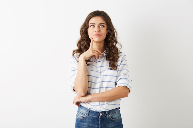 Schone Junge Frau Konzentrierter Gesichtsausdruck Nachdenken Uber Problem Jugendlicher Hipster Stil Gekleidet In Jeans Hemd Lokalisiert Auf Weissem Hintergrund Moderne Mode Besorgt Beschaftigt Kostenlose Foto