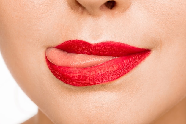 Sexy Rote Lippe Nahaufnahme Schöne Lippen Bilden Nahaufnahme Des Gesichts Der 