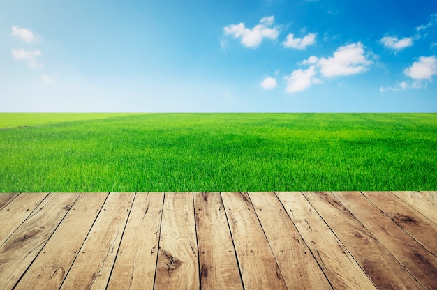 Top Leeres Holz Mit Grunem Gras Und Blauem Himmelhintergrund Premium Foto