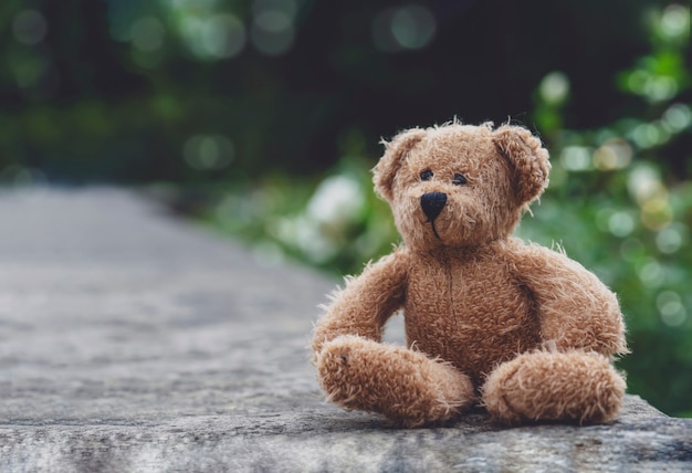 Trauriger teddybär, der auf fußweg mit verschwommener natur sitzt