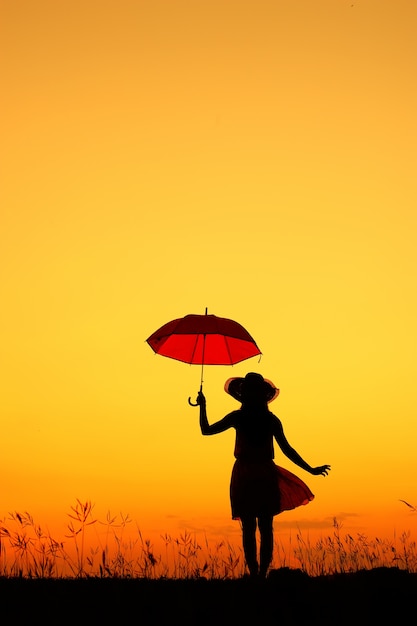 Umbrella Woman Stehend Und Sonnenuntergang Silhouette Premium Foto