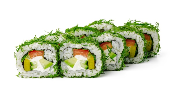 Vegetarische sushi-rolle mit dill und gemüse isoliert auf weiß ...