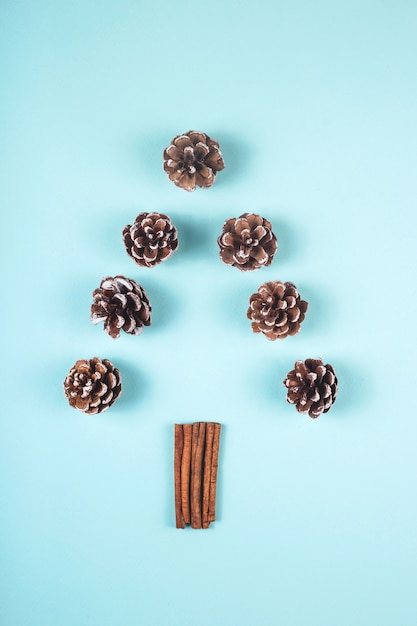 Weihnachtsbaumplan von kegeln und von zimt stickson ein blau Premium Fotos