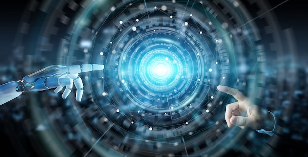 Weiße humanoidhand unter verwendung der digitalen wiedergabe des globalen netzwerks 3d Premium Fotos