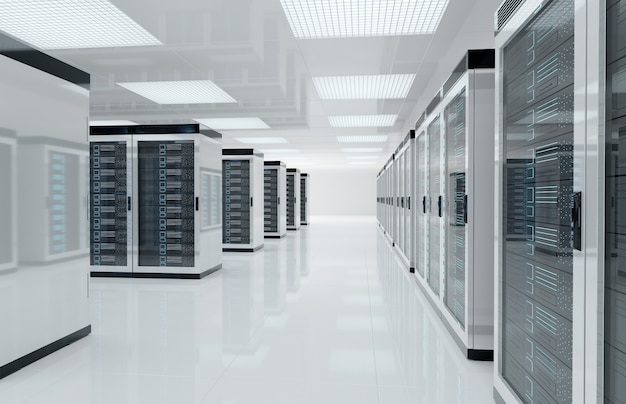 Weißer servermittelraum mit wiedergabe der computer- und speichersysteme 3d Premium Fotos