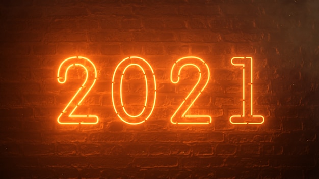 2021火のオレンジ色のネオンサイン背景新年のコンセプト。明けましておめでとうございます。レンガの背景。ちらつき ...